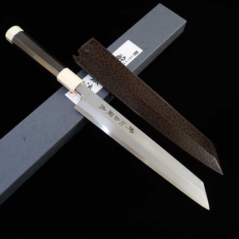 SUISIN Suisin obra de Kenji Togashi, Hakutō Nagare, Shirogami nº 1, kiritsuke con funda lacada, mango de ébano con doble virola blanca (270 mm)