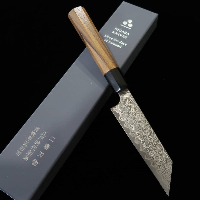二唐刃物鍛造所 NIGARA 切付ペティ SG2 暗紋 ダマスカス 水牛チーク柄 (120mm)