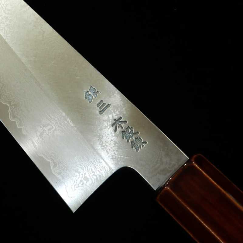 HADO Hamon en acier Gin-san n°3, Damas, Santoku kiritsuke, manche octogonal en cerisier laqué naturel (180mm)