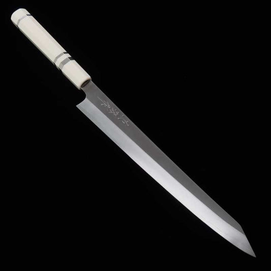 Sujihiki TADOKORO HAMONO Makoto Mirror Finish Silver 3 Steel Kiritsuke Imitation Ivory Handle (270mm)