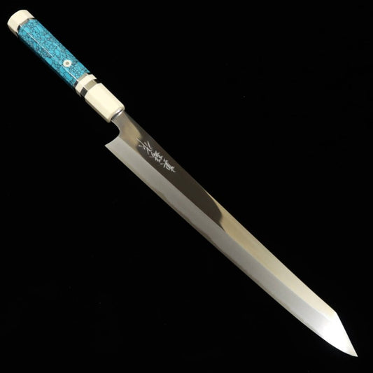 Sujihiki TADOKORO HAMONO Makoto Mirror Finish Blue Steel Kiritsuke Turquoise Custom Handle (300mm) 