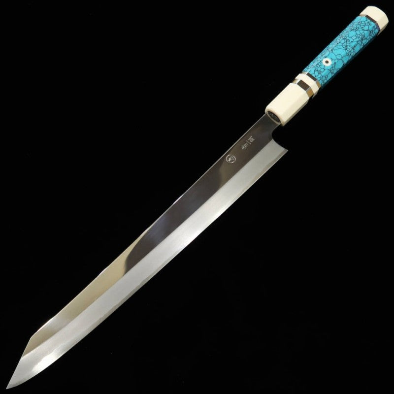 Kiritsuke Sujihiki Aogami nº2 com acabamento espelhado cabo personalizado turquesa (300 mm)