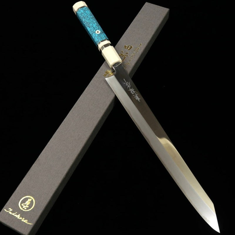 田所刃物 TADOKORO HAMONO 真琴作 鏡面 青紙二号 切付筋引 ターコイズカスタムハンドル (300mm)