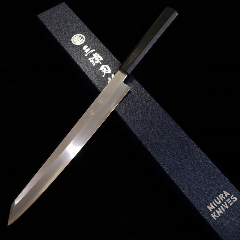 Miura Obidama, Yanagiba Kiritsuke, Acier Argent No.3 Manche octogonal en ébène pour gaucher (270/300 mm)