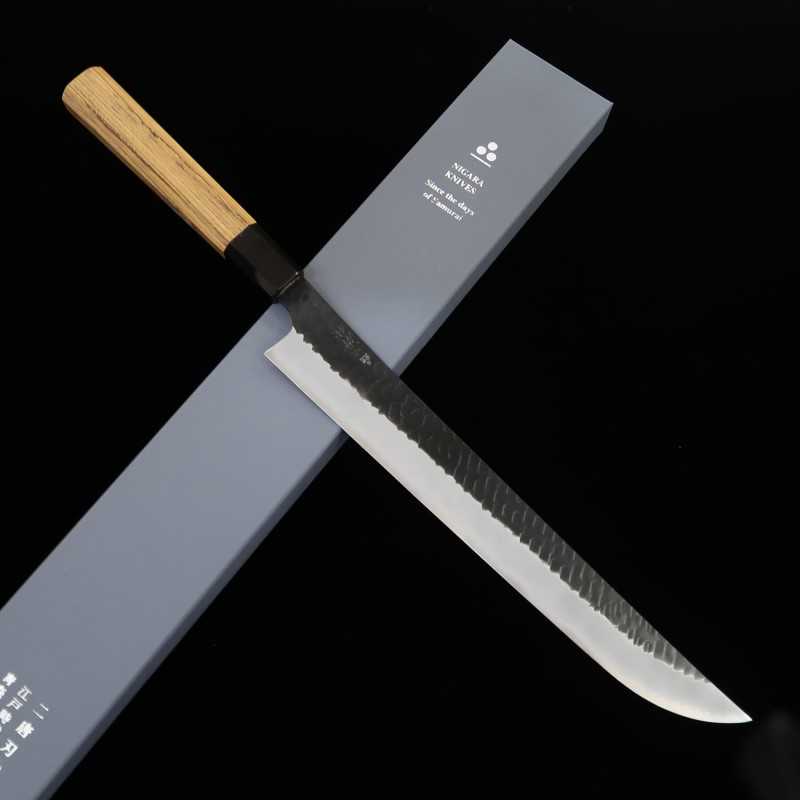 NIGARA Cutlery Kiridashi para carne ponta arredondada SG2 Kurouchi Tsuchime Cabo octogonal em teca (270/300 mm)