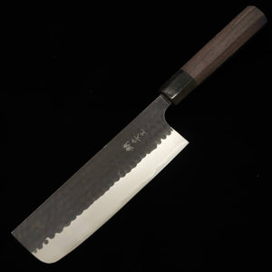 ANRYU, Nakiri, Blue Steel Super, Kurouchi and Hammered Finish with Rosewood Octagonal Handle (165mm)