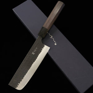 安立ANRYU 菜切 青紙スーパー 鎚目 黒打ち 紫檀八角柄 （165mm）