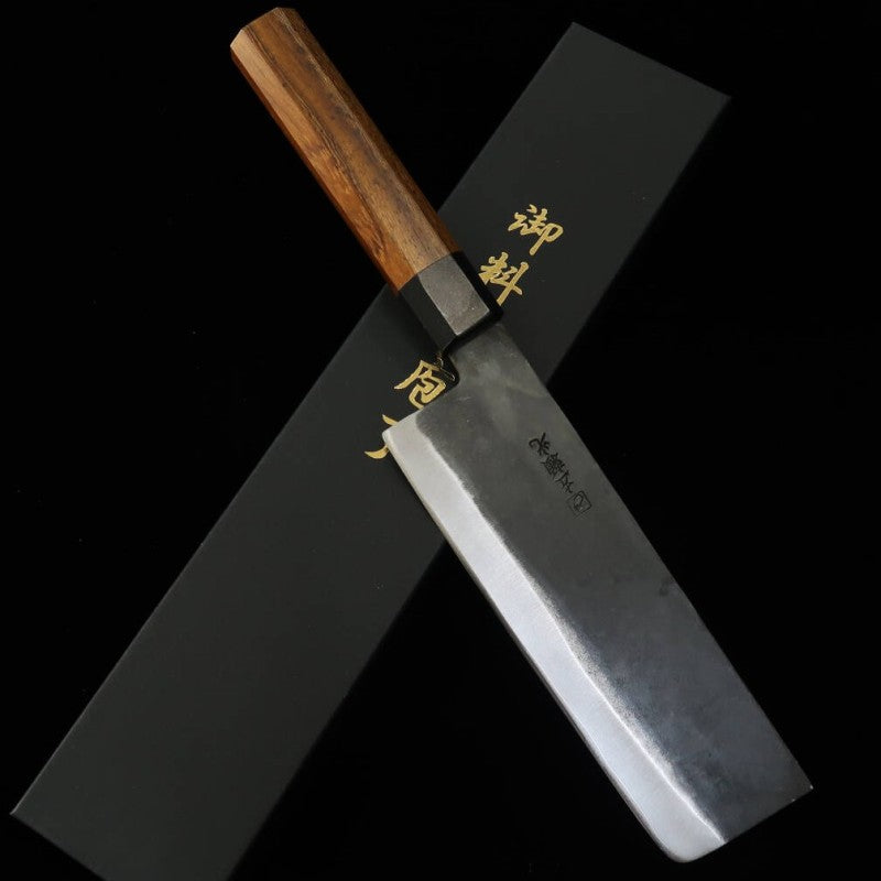 HIDARI YORIMITSU nakiri, acero Aogami nº 1, acabado negro, mango de tetsutoki (180 mm)