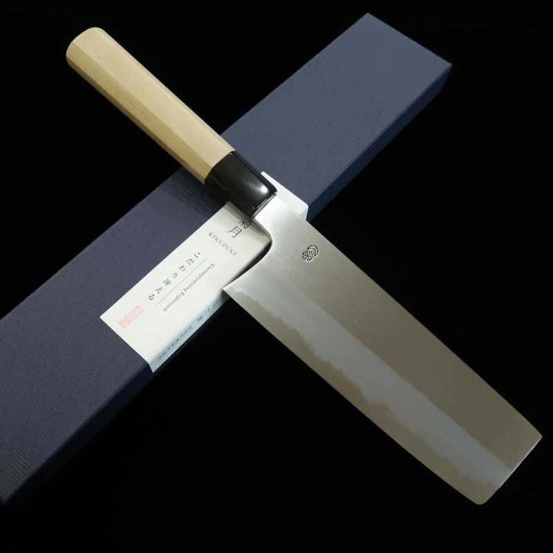 Sakai Kikumori Kikuzuki Kasumi Nakiri Shirogami Nº 2 cabo octogonal em magnólia e chifre de búfalo (180mm)