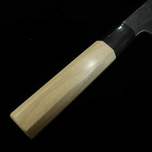 Sakai Kikumori Kikuzuki Kuro Nakiri Shirogami Nº 2 acabamento kurouchi cabo octogonal em magnólia e chifre de búfalo (180mm)