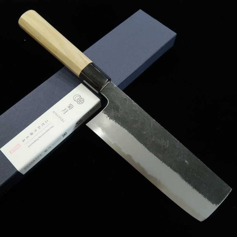 Sakai Kikumori Kikuzuki Kuro Nakiri Shirogami Nº 2 acabamento kurouchi cabo octogonal em magnólia e chifre de búfalo (180mm)