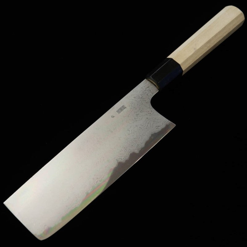 Sakai Kikumori SAKAI KIKUMORI Kikugetsu Uzu Nakiri Acier bleu n°1 Damas Manche octogonal en magnolia (180mm)