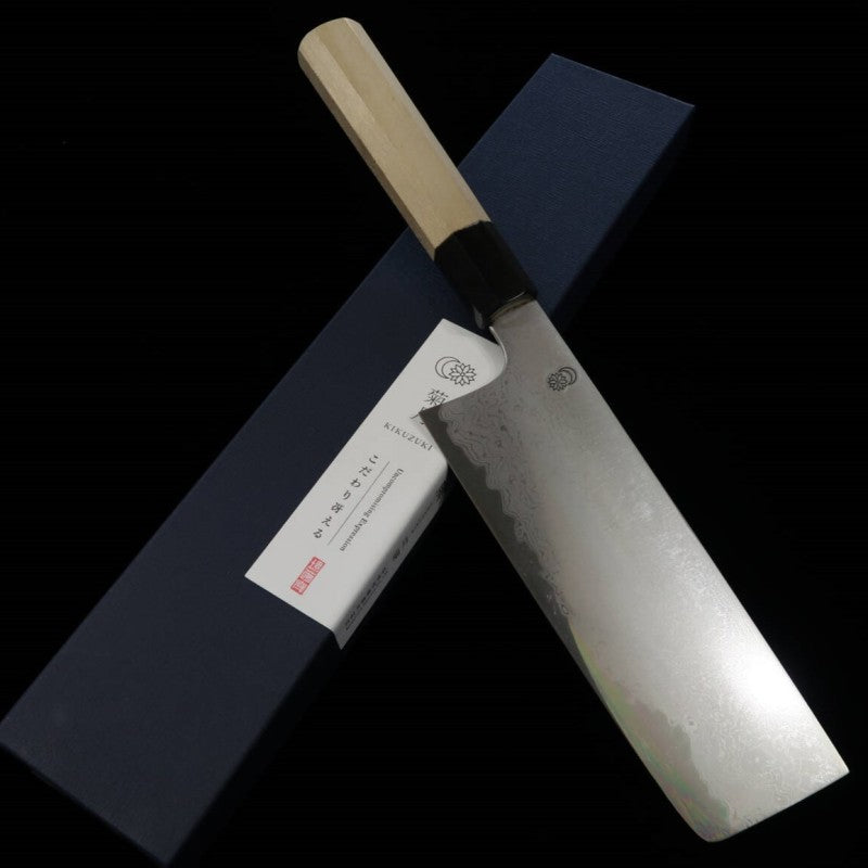 Sakai Kikumori Kikuzuki Uzu Nakiri Aogami Nº 1 Damasco cabo octogonal em magnólia (180mm)