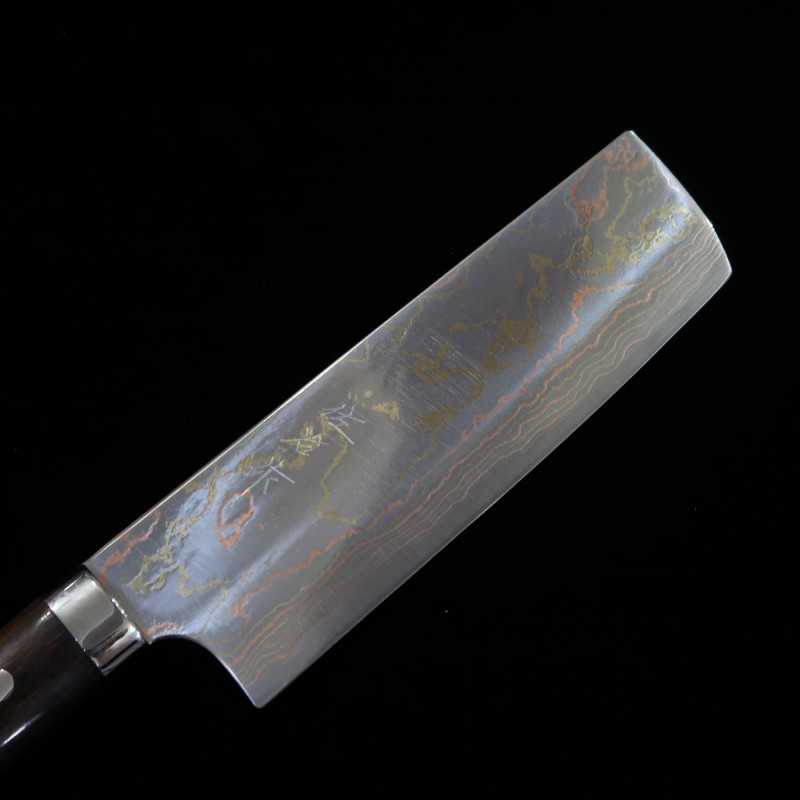 Takeshi Saji Nakiri Blue steel No.2 Rainbow Damascus Ironwood Handle (165mm)