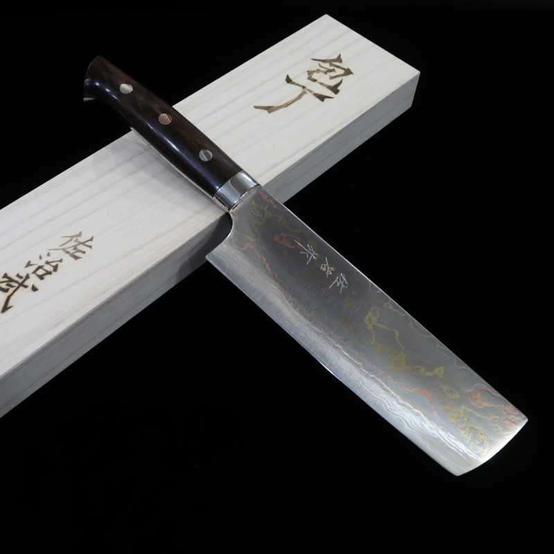 Takeshi Saji Nakiri Blue steel No.2 Rainbow Damascus Ironwood Handle (165mm)
