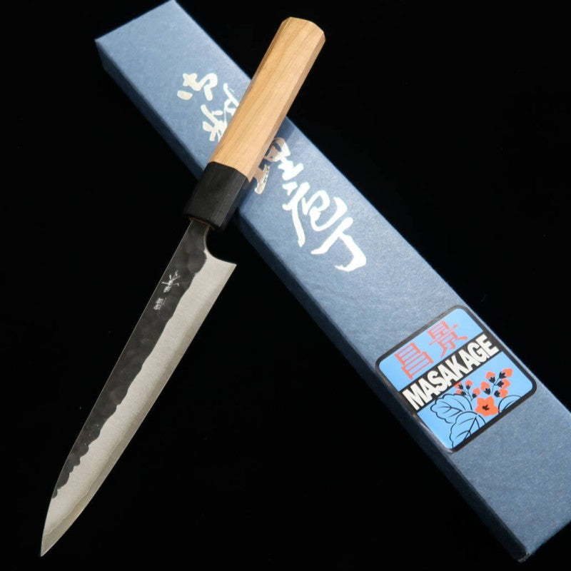 Petty MASAKAGE Pebble - Aogami Super Hammered Black Finish Magnolia Octagonal Handle (150mm) 