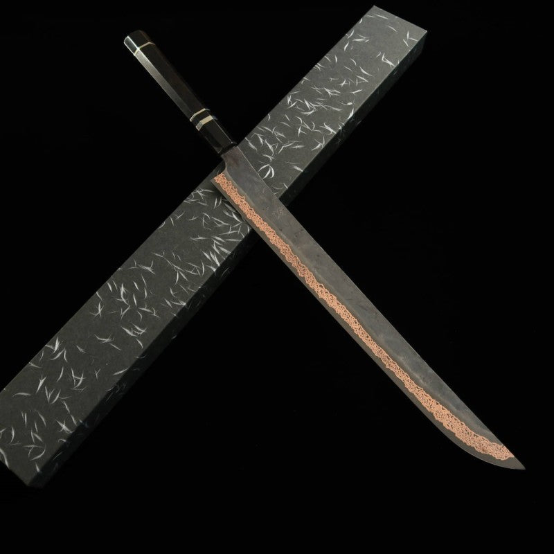 Sakimaru sujihiki HATSUKOKORO "Yorokobi" SLD Black Damascus Ebony Silver Wrap Handle (390mm)