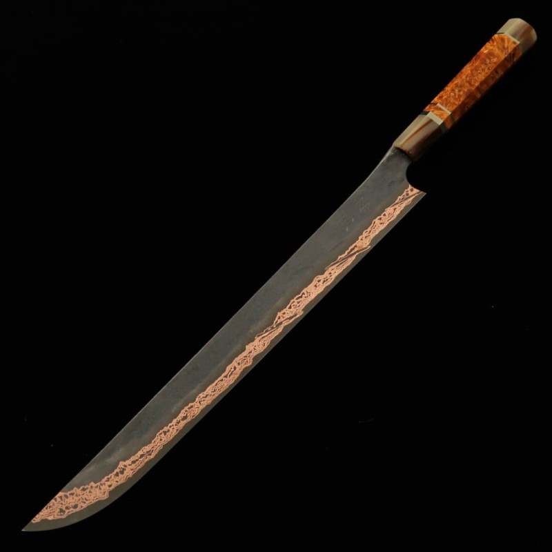HATSUKOKORO Yorokobi SLD Forja negra Mango personalizado Cuchillo Saki-maru Sujihiki (390 mm)