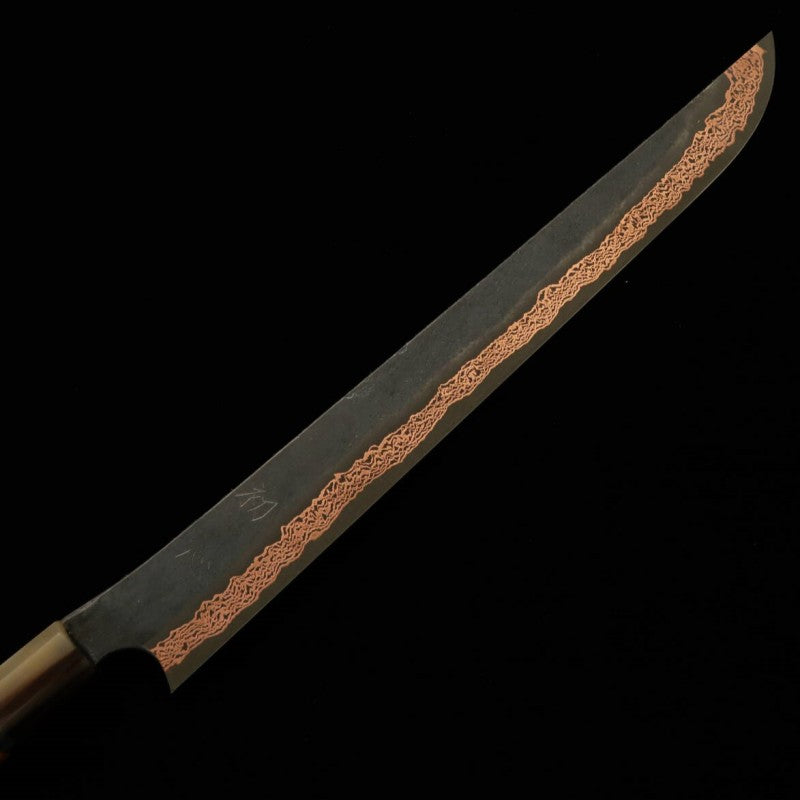 HATSUKOKORO Yorokobi SLD Forja negra Mango personalizado Cuchillo Saki-maru Sujihiki (390 mm)