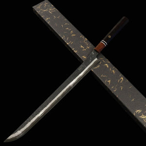 NIGARA Nitō Hamono Forging  Sujihiki de punta redondeada kuro-uchi martillado damasco mango octogonal de ébano (450 mm)