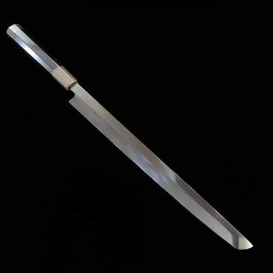 Takohiki Mizu Honyaki SUISIN Shirogami nº 1  acabamento espelhado bainha laqueada incluída cabo em ébano forjada por Ikeda (300mm)