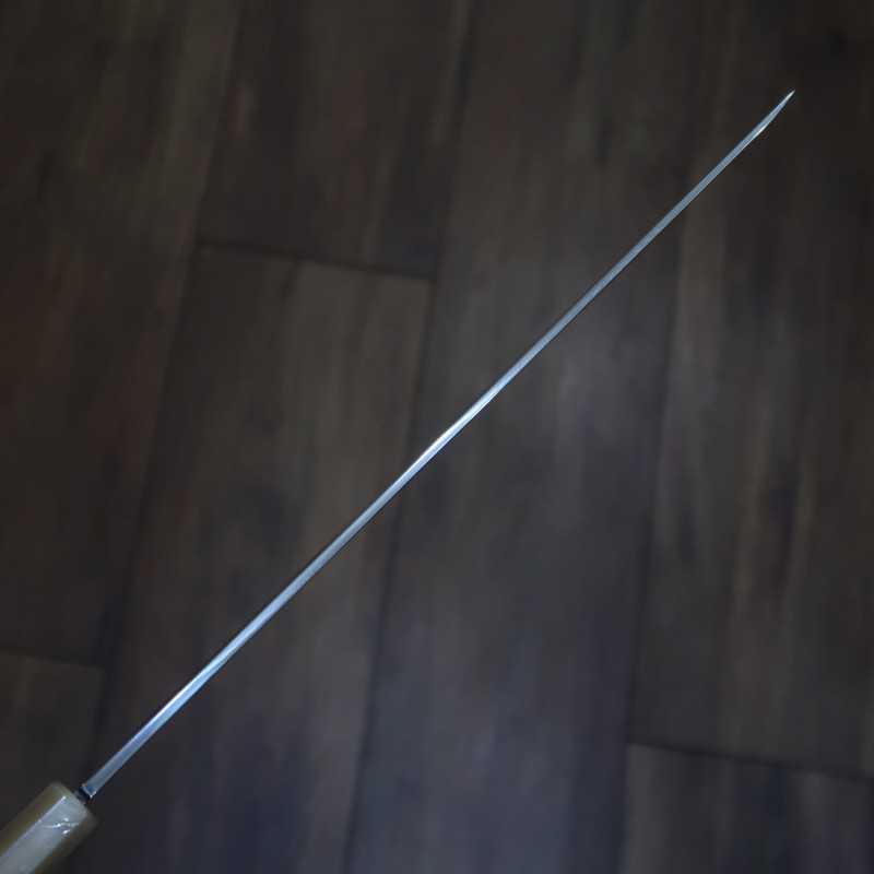Suisin Ikeda Miwa Couteau Takohiki à bout rond, acier Shirogami n°1, trempe intégrale, finition miroir, fourreau laqué, manche octogonal en ébène (300 mm)