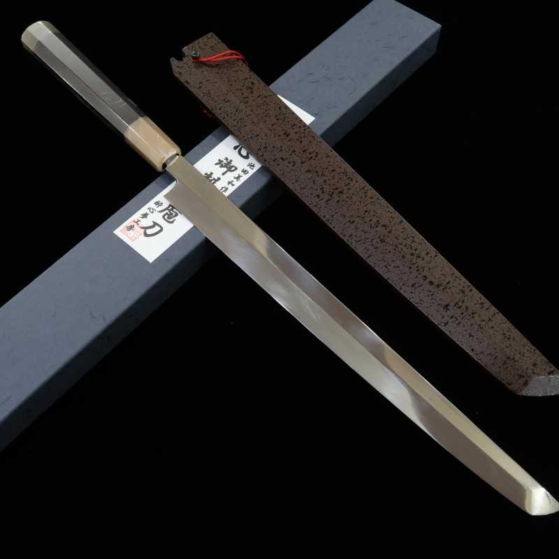 Suisin Ikeda Miwa Couteau Takohiki à bout rond, acier Shirogami n°1, trempe intégrale, finition miroir, fourreau laqué, manche octogonal en ébène (300 mm)