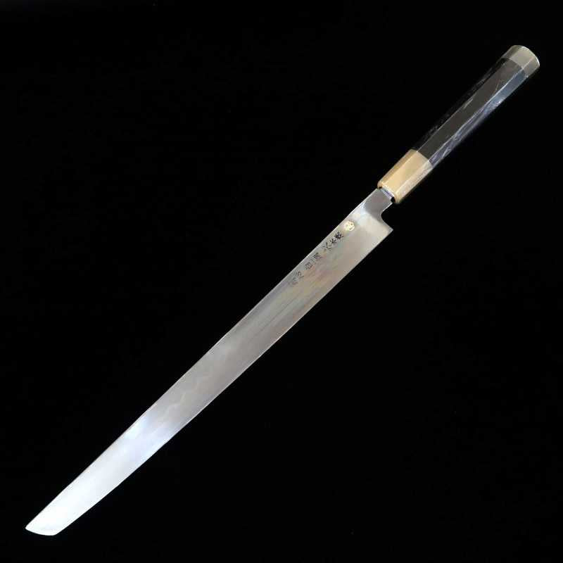 Suisin Ikeda Miwa Couteau Takohiki à bout rond, acier Shirogami n°1, trempe intégrale, finition miroir, fourreau laqué, manche octogonal en ébène (300 mm)