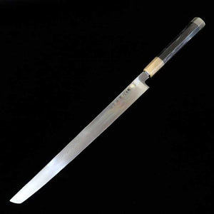 Suisin Ikeda Miwa Couteau Takohiki à bout rond, acier Shirogami n°1, trempe intégrale, finition miroir, fourreau laqué, manche octogonal en ébène (300 mm)