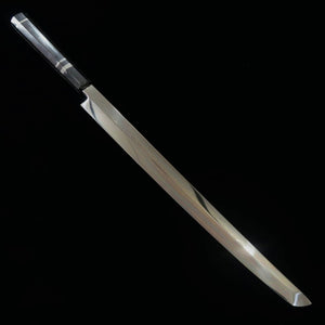 Suisin SUISIN, Mizumoto-yaki, Miwa Ikeda, Acier Blanc n°1, manche ébène et argent, poli miroir, fourreau laqué, boîte en paulownia, pochette brodée, couteau à poulpe bout rond (360 mm)