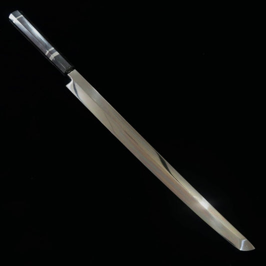Takohiki SUISIN Honyaki Shirogami No. 1 Cabo em ébano Acabamento espelhado Bainha laqueada / Furoshiki Caixa de Paulownia Furoshiki por Ikeda Miwa (360mm) 