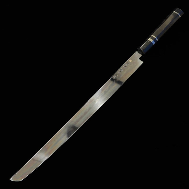 Suisin SUISIN, Mizumoto-yaki, Miwa Ikeda, Acier Blanc n°1, manche ébène et argent, poli miroir, fourreau laqué, boîte en paulownia, pochette brodée, couteau à poulpe bout rond (360 mm)
