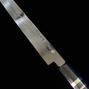 Suisin SUISIN, Mizumoto-yaki, Miwa Ikeda, Acier Blanc n°1, manche ébène et argent, poli miroir, fourreau laqué, boîte en paulownia, pochette brodée, couteau à poulpe bout rond (360 mm)