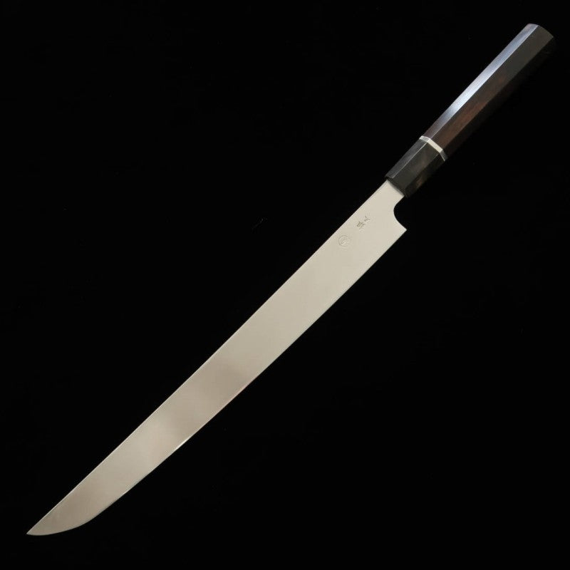 Tadokoro Hamono Makoto obra espejo acero Gingami nº3 tako-hiki punta redondeada mango de ébano con anillo de plata (300 mm)