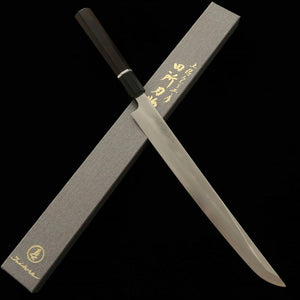 Tadokoro Hamono Makoto obra espejo acero Gingami nº3 tako-hiki punta redondeada mango de ébano con anillo de plata (300 mm)