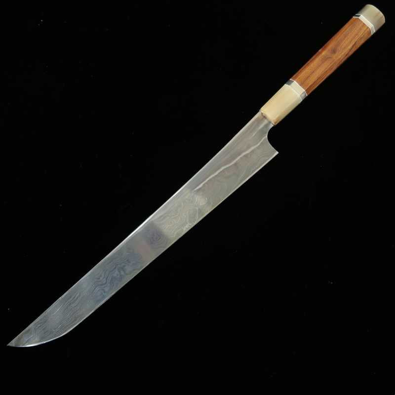 NIGARA Nitō cuchillo forjado coreless damasco punta redondeada tipo yanagiba Aogami nº 2 × Shirogami nº 2, mango personalizado (300 mm)