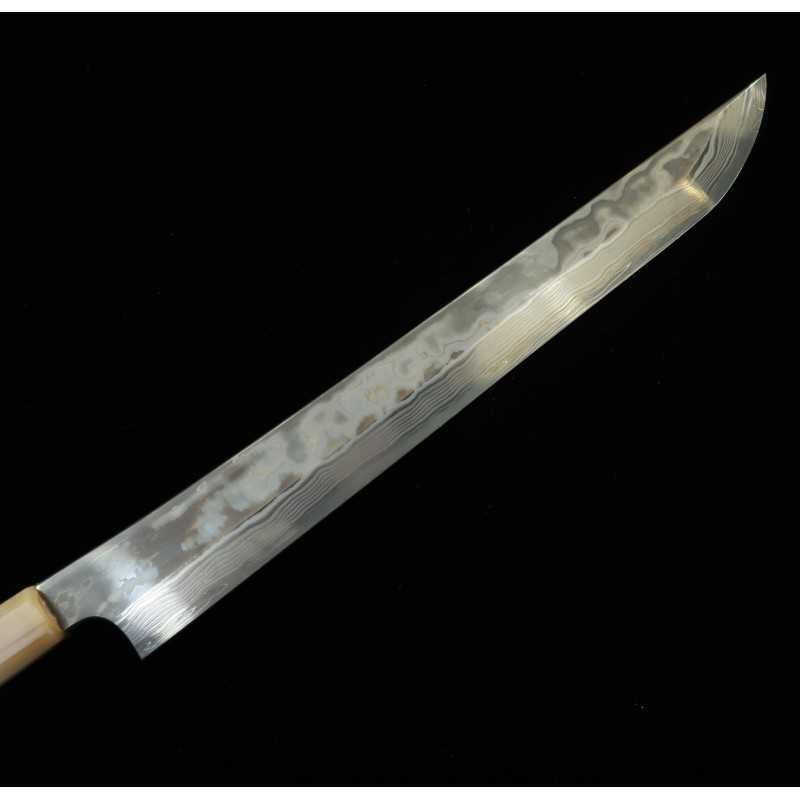 NIGARA Nitō cuchillo forjado coreless damasco punta redondeada tipo yanagiba Aogami nº 2 × Shirogami nº 2, mango personalizado (300 mm)