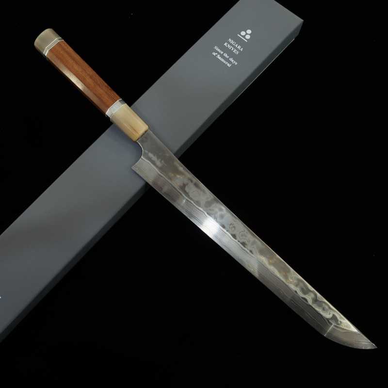 NIGARA Nitō cuchillo forjado coreless damasco punta redondeada tipo yanagiba Aogami nº 2 × Shirogami nº 2, mango personalizado (300 mm)