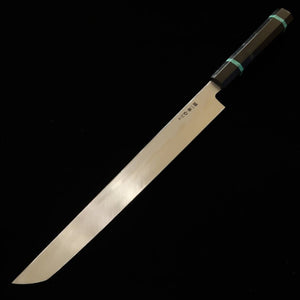 SAKAI KIKUMORI, Ren, Yanagiba Sakimaru, Acier bleu n°1, manche turquoise (300 mm)