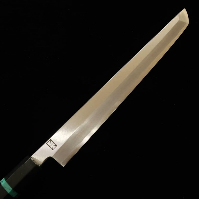 SAKAI KIKUMORI, Ren, Yanagiba Sakimaru, Acier bleu n°1, manche turquoise (300 mm)