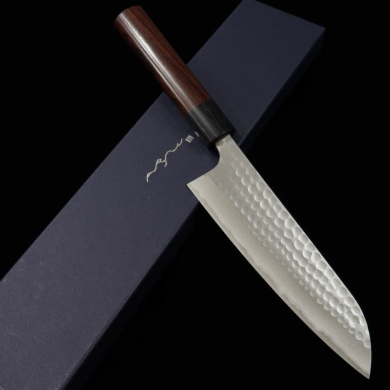 ANRYU, Santoku, Blue Steel No.2 Stainless Clad, Hammered Finish with Wenge Octagonal Handle (170mm)
