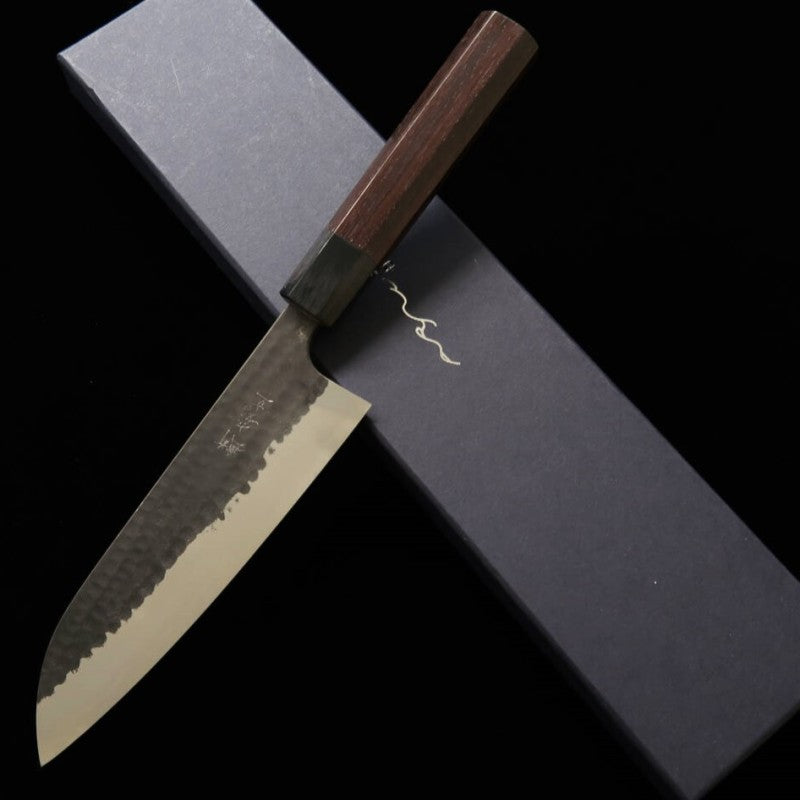 安立ANRYU 三徳 青紙スーパー 鎚目 黒打ち 紫檀八角柄 （180mm）