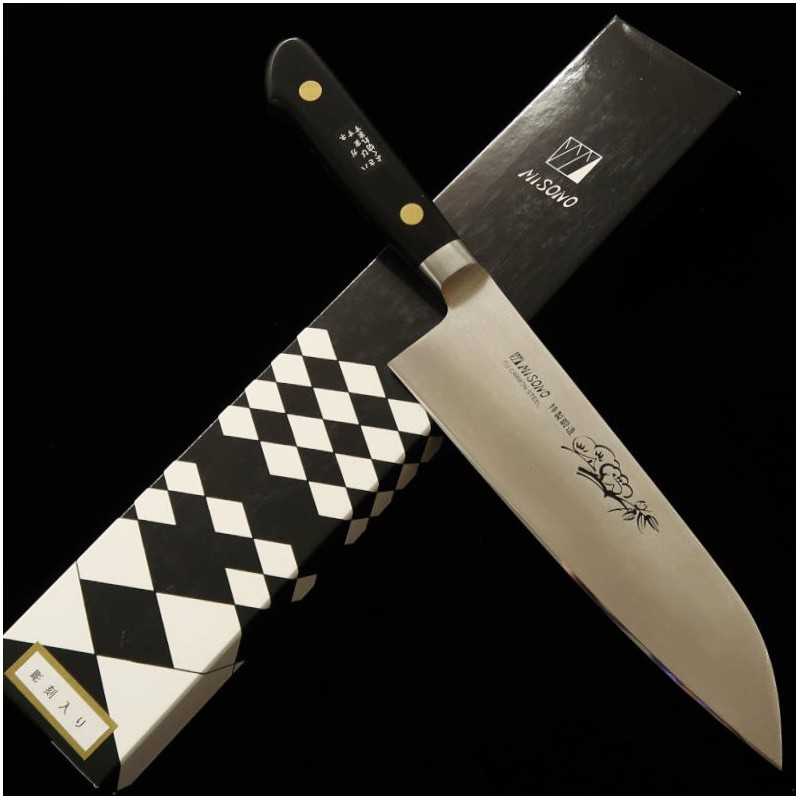 MISONO Misono EU Carbon con grabado, santoku, mango laminado negro (180mm)