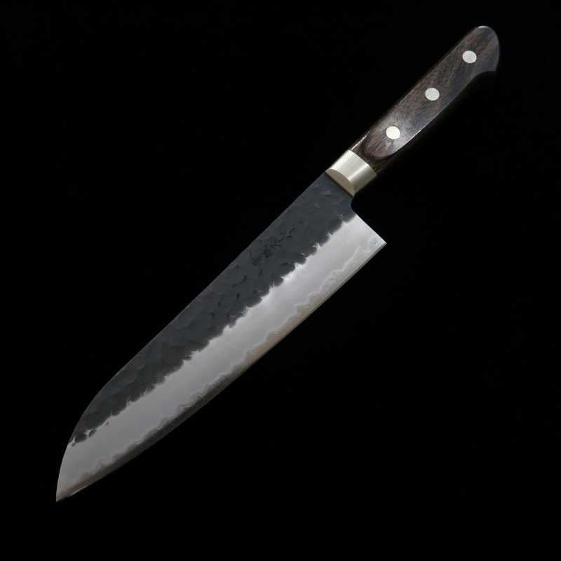 MIURA Santoku Aogami Super steel Hammered Black Knife Dark Brown Plywood Handle (180mm)