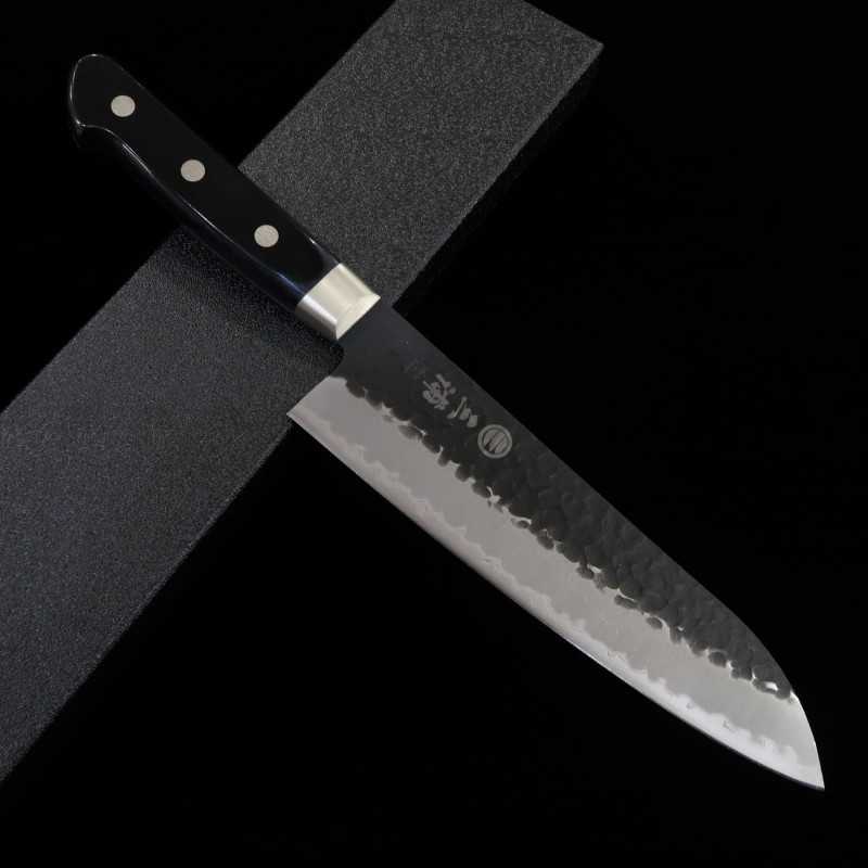 Santoku MIURA Aogami super Acabamento martelado kurouchi com Cabo em Madeira Preta (180mm)