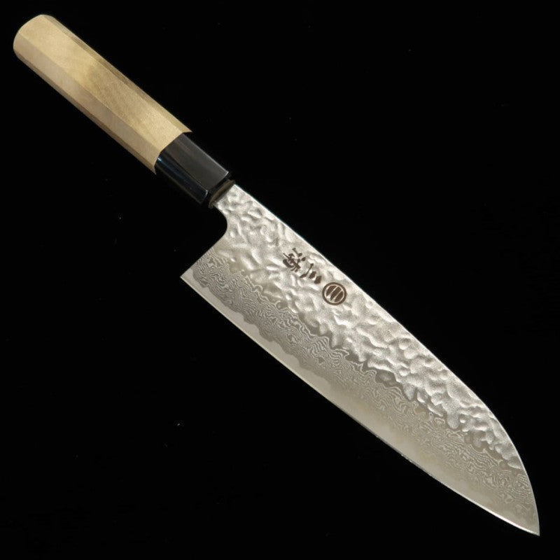 三浦MIURA 三徳 AUS10 鎚目マットダマスカス 朴八角柄（165mm）