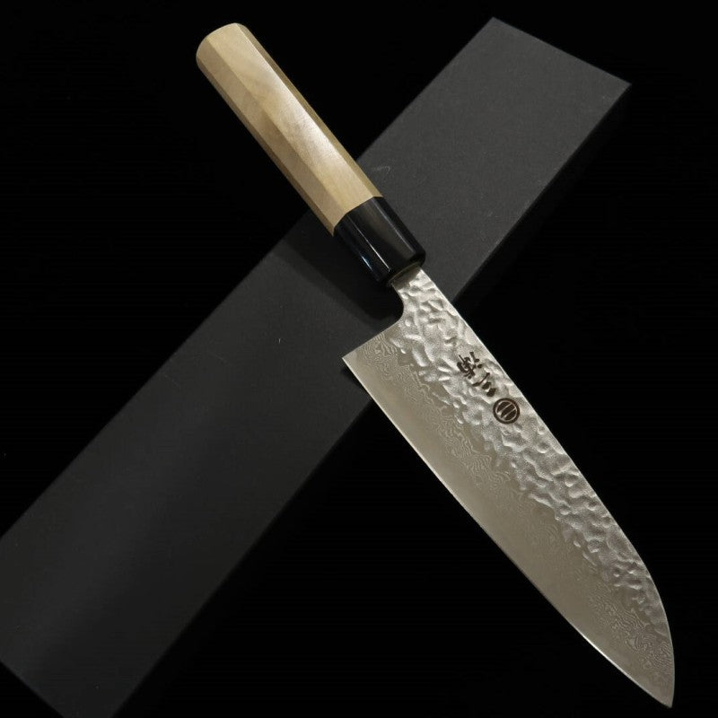 三浦MIURA 三徳 AUS10 鎚目マットダマスカス 朴八角柄（165mm）