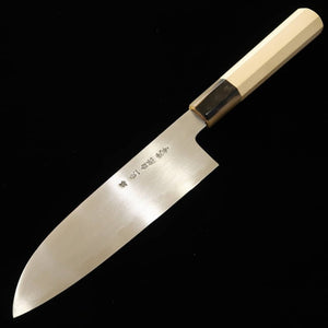 MIURA Itadaki, Tanaka Giichi, santoku, Shirogami n°2, finition hairline, manche octogonal en magnolia (180 mm)