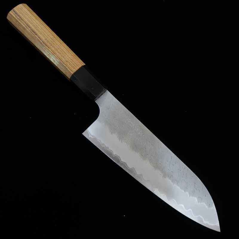 NIGARA Aogami Super pulido martillado santoku mango de teca (180 mm)