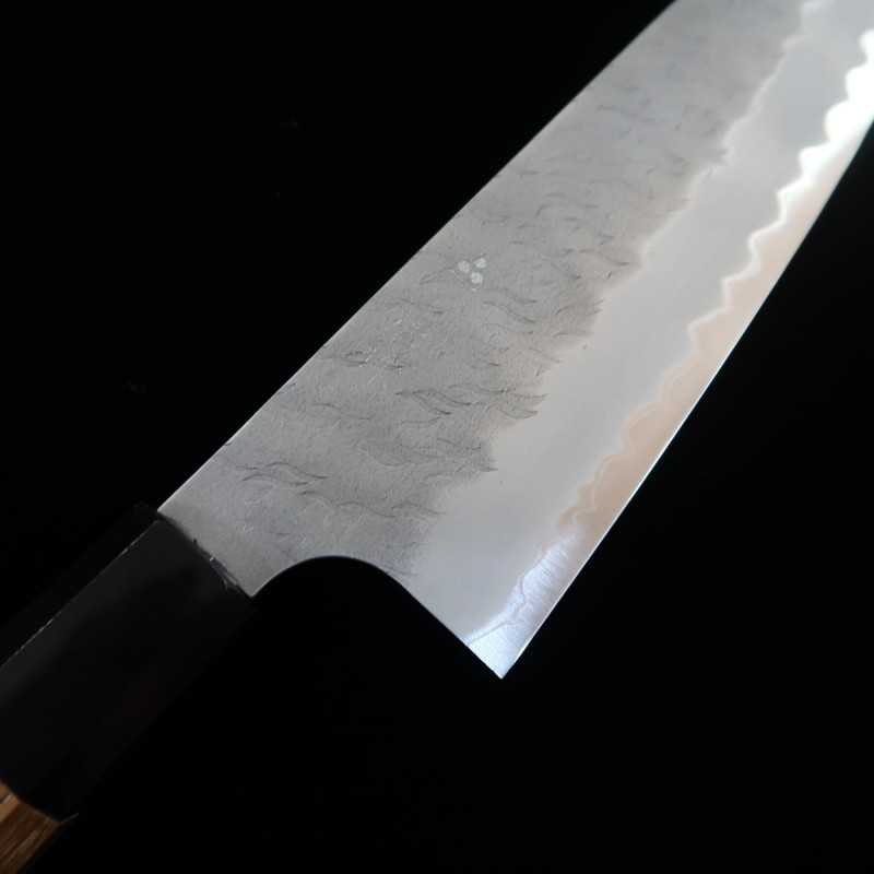 Nigara Hamono Acier Bleu Super poli martelé Santoku manche en teck (180 mm)
